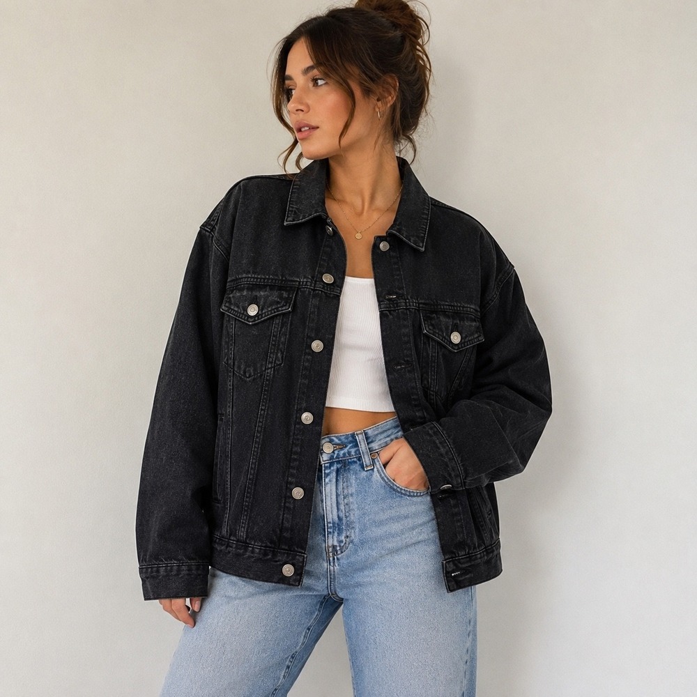 Cotton On Black Denim Trucker Jacket Oversized Relaxed Fit Women's US 6 - Picture 4 of 14